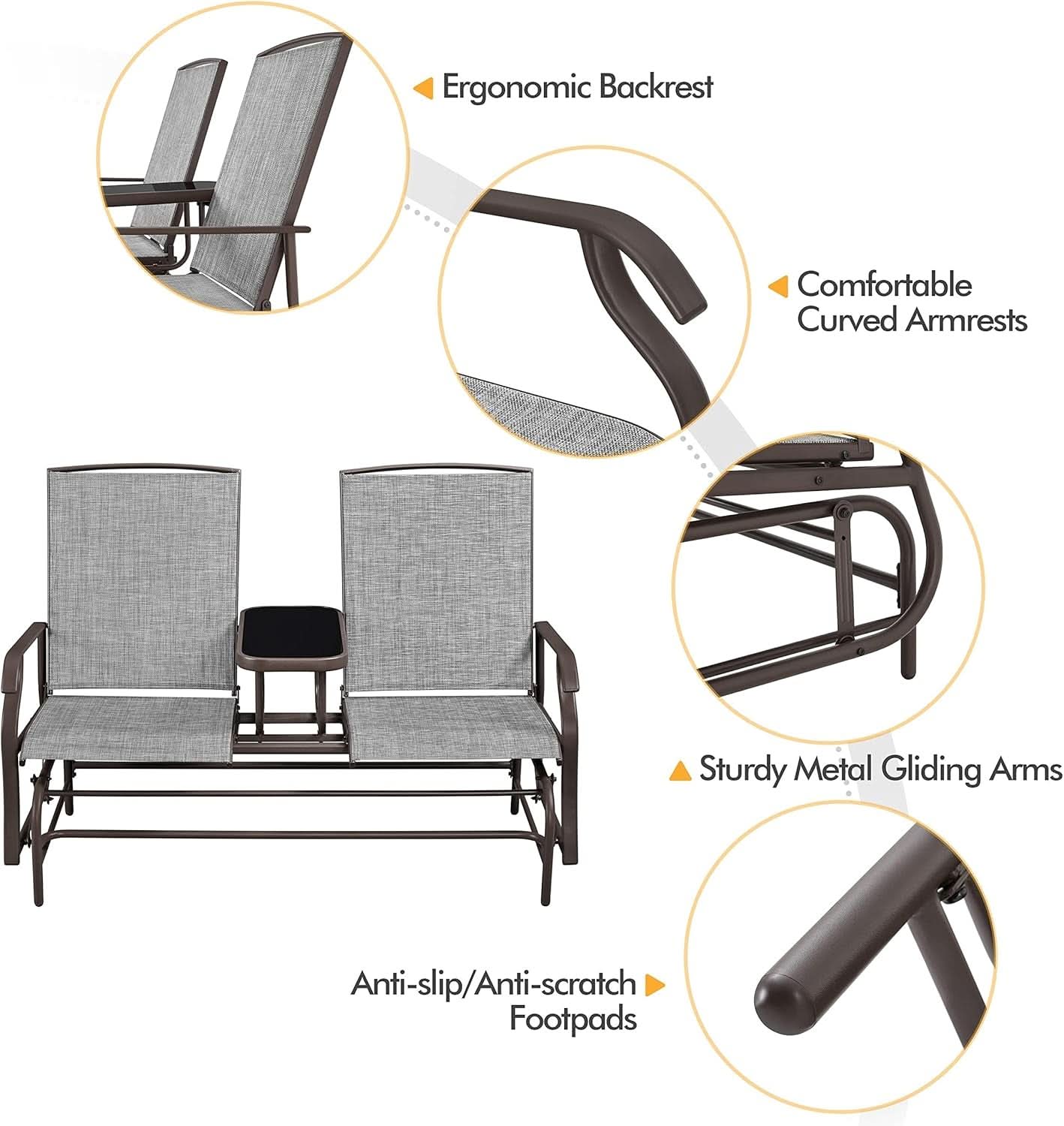 Two-Seat Outdoor Glider Bench with Center Table