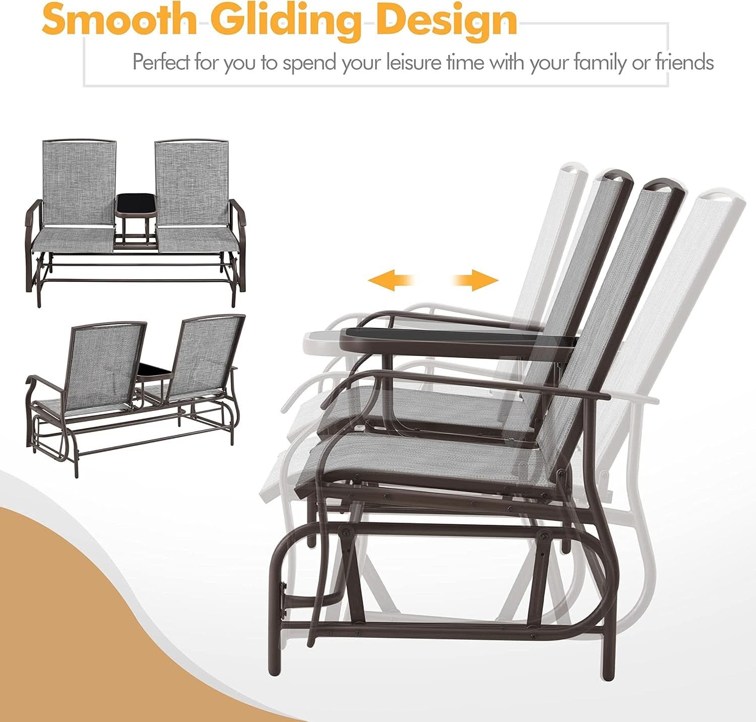 Two-Seat Outdoor Glider Bench with Center Table