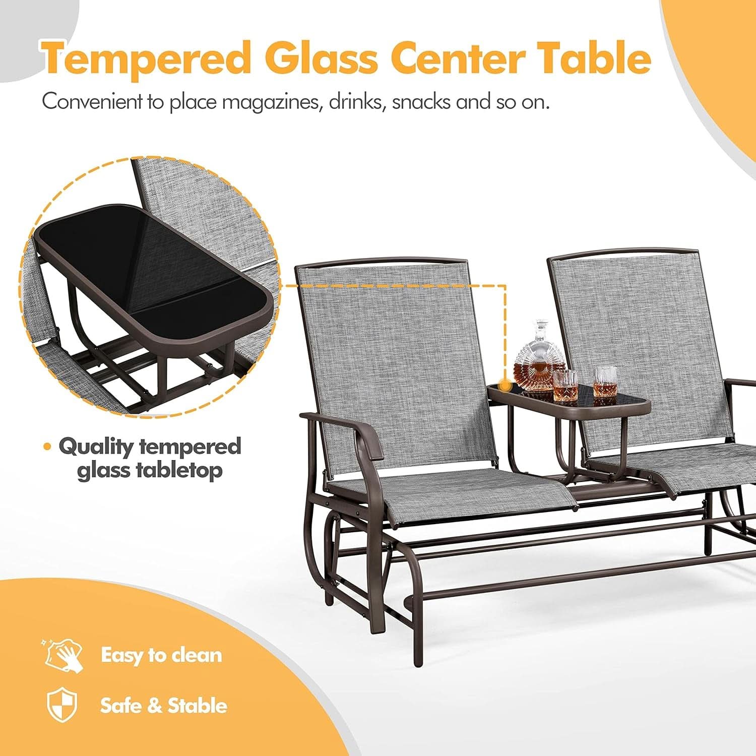 Two-Seat Outdoor Glider Bench with Center Table