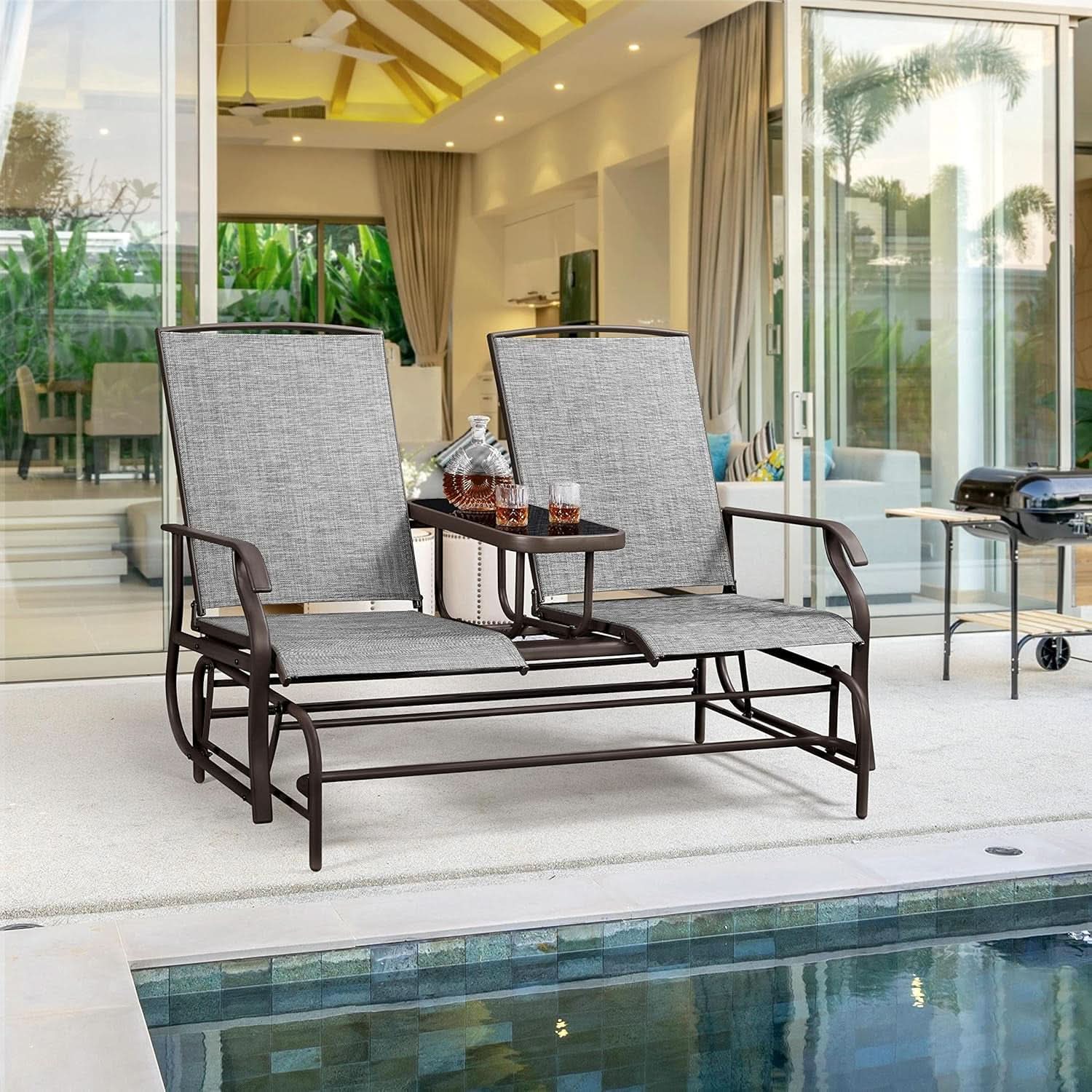 Two-Seat Outdoor Glider Bench with Center Table