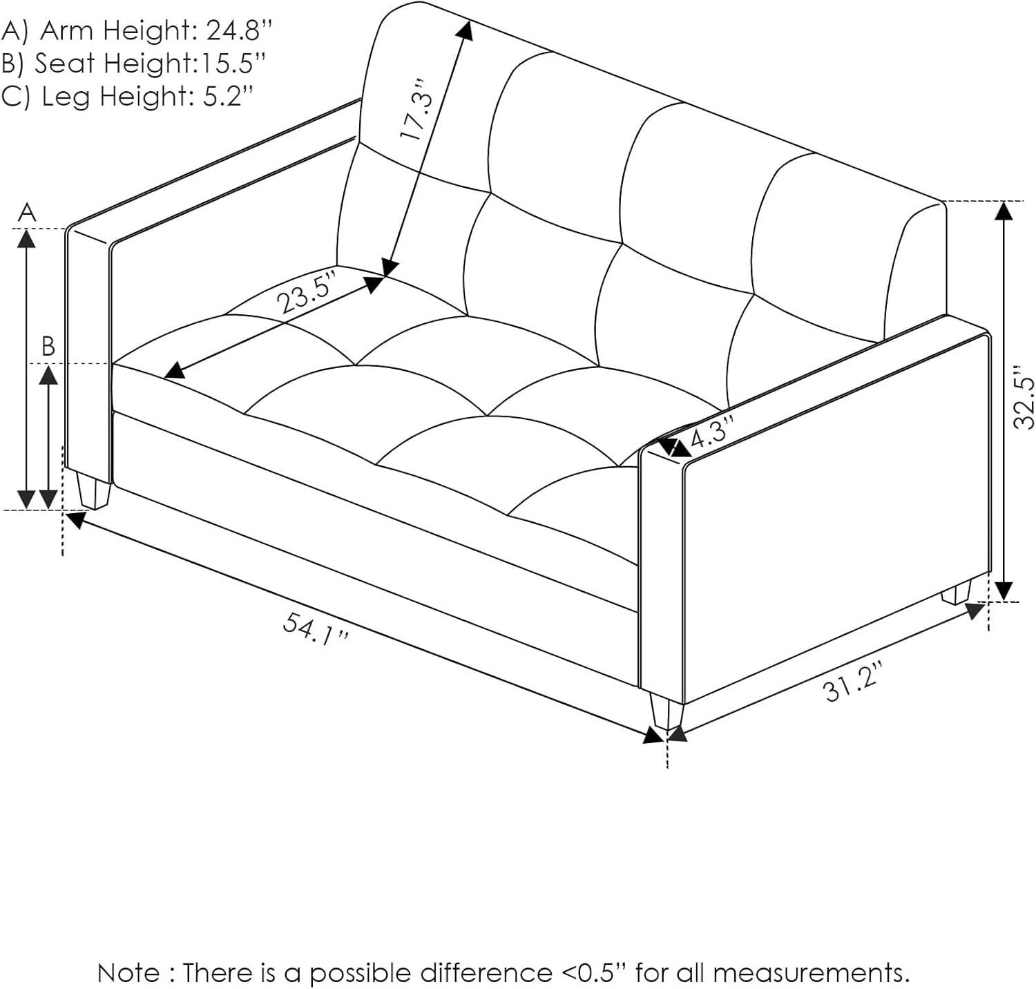 Two Seater Tufted Black Faux Leather Loveseat for Living Room