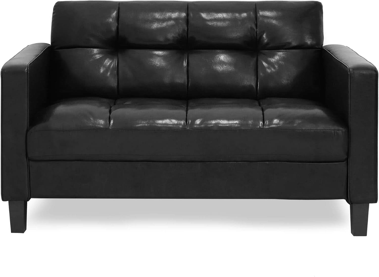 Two Seater Tufted Black Faux Leather Loveseat for Living Room
