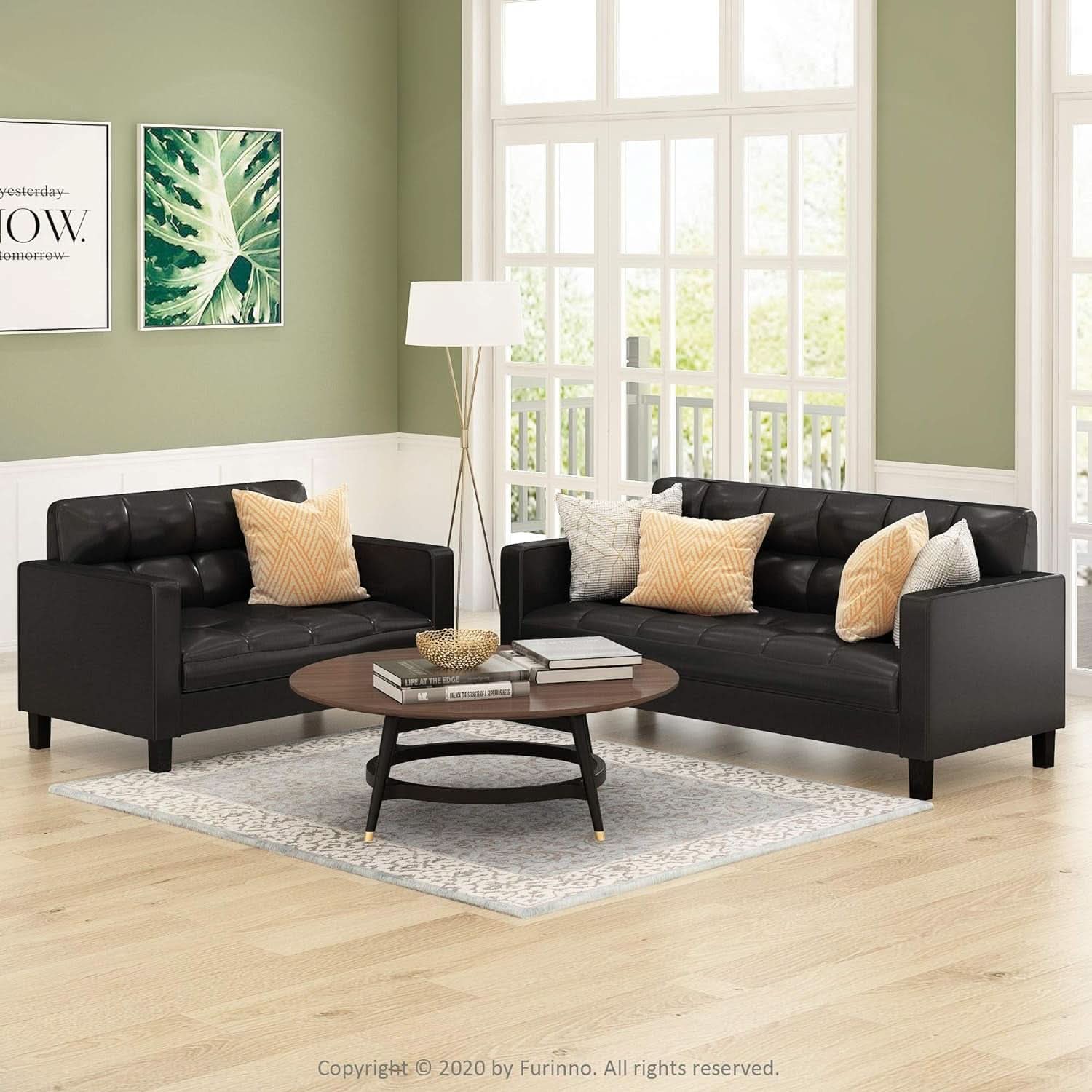Two Seater Tufted Black Faux Leather Loveseat for Living Room