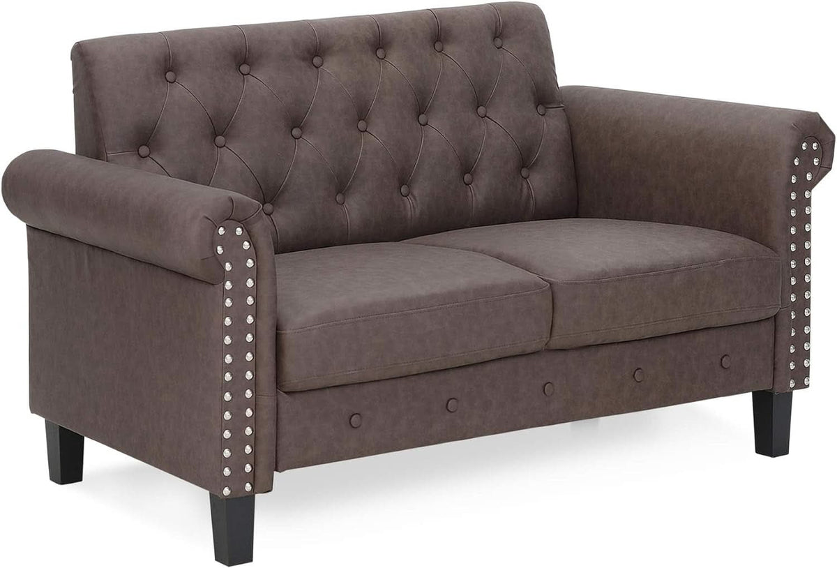 Two Seater Tufted Black Faux Leather Loveseat for Living Room