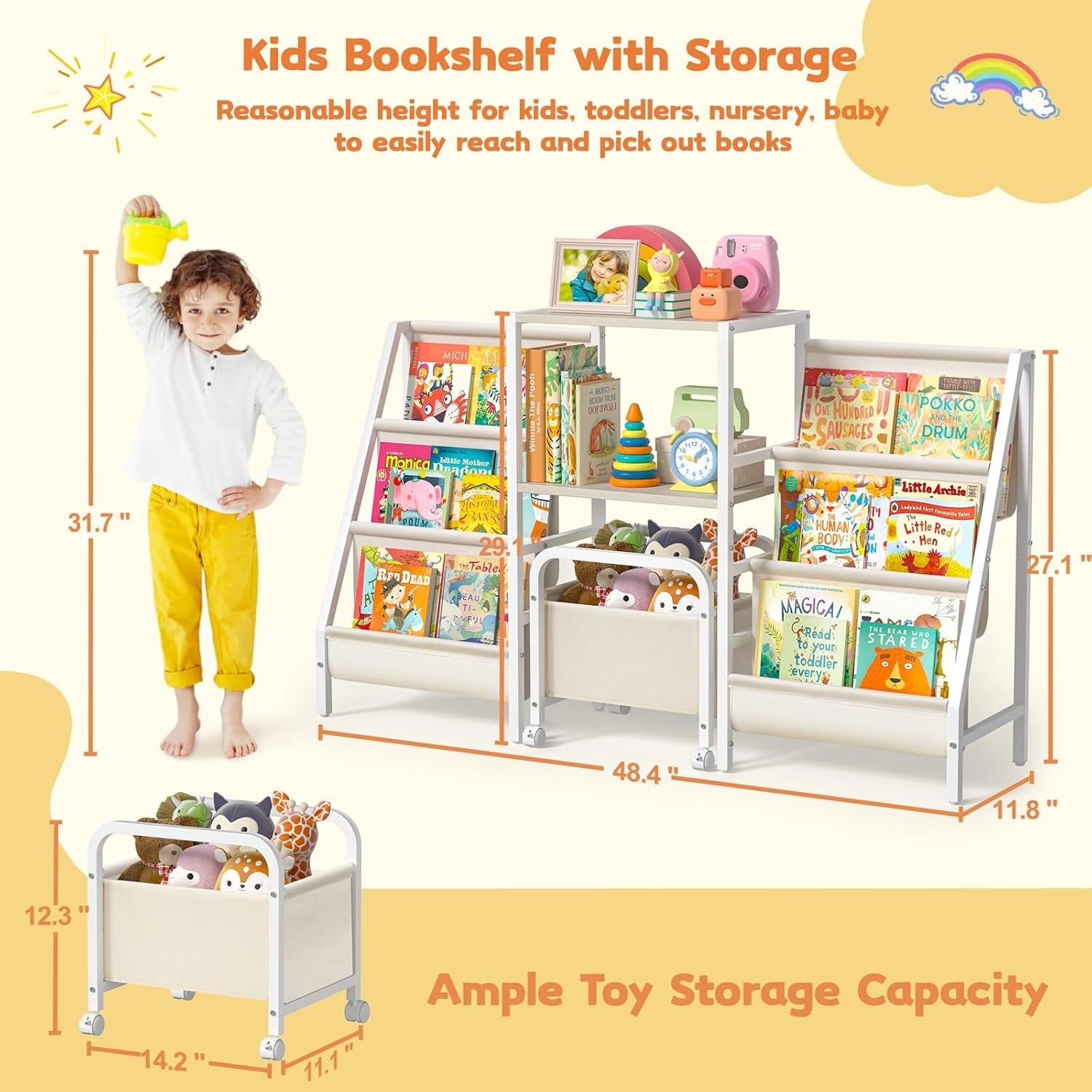 Two Sided Montessori Kids Bookshelf With 6 Tiers Toy Bin