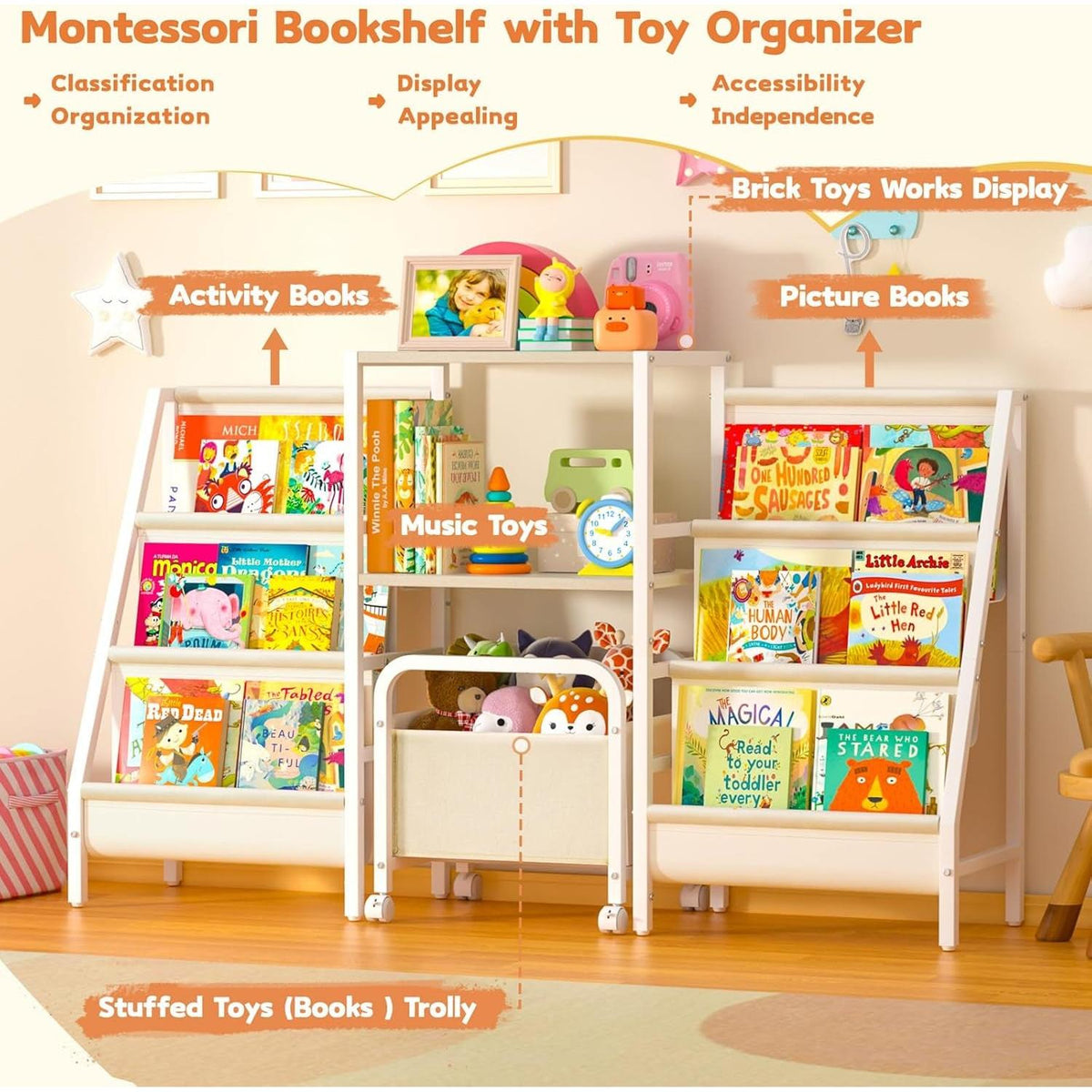 Two Sided Montessori Kids Bookshelf With 6 Tiers Toy Bin