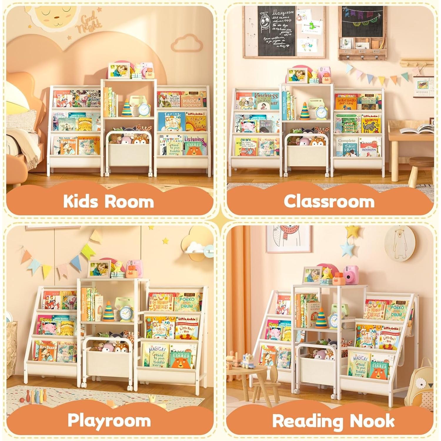 Two Sided Montessori Kids Bookshelf With 6 Tiers Toy Bin