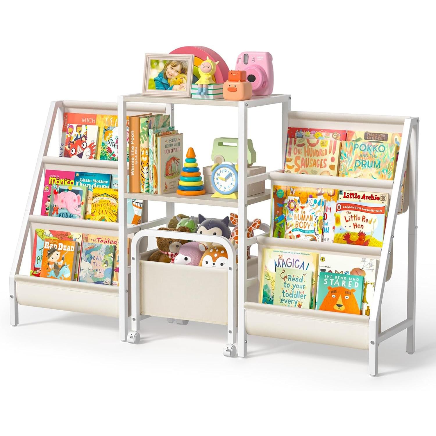 Two Sided Montessori Kids Bookshelf With 6 Tiers Toy Bin