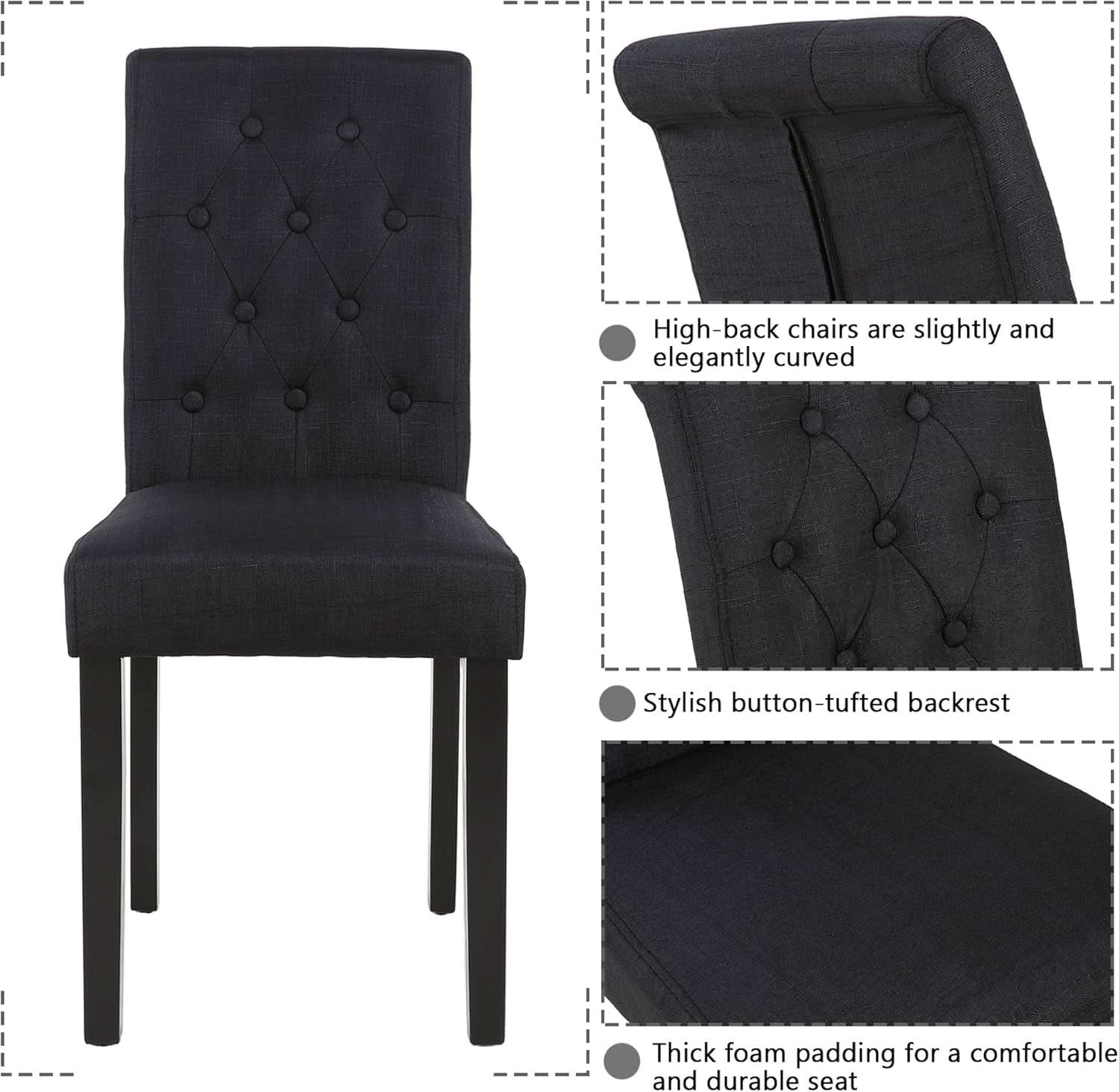 Two Upholstered Fabric Dining Chairs Button Tufting Black