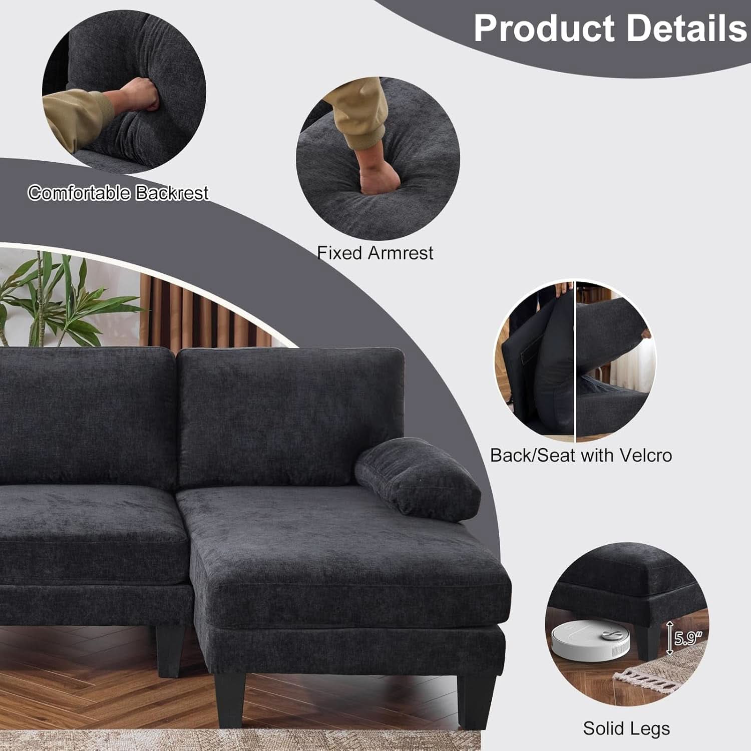 U Shape Sectional Sofa 111 Inch Black Living Room Setup