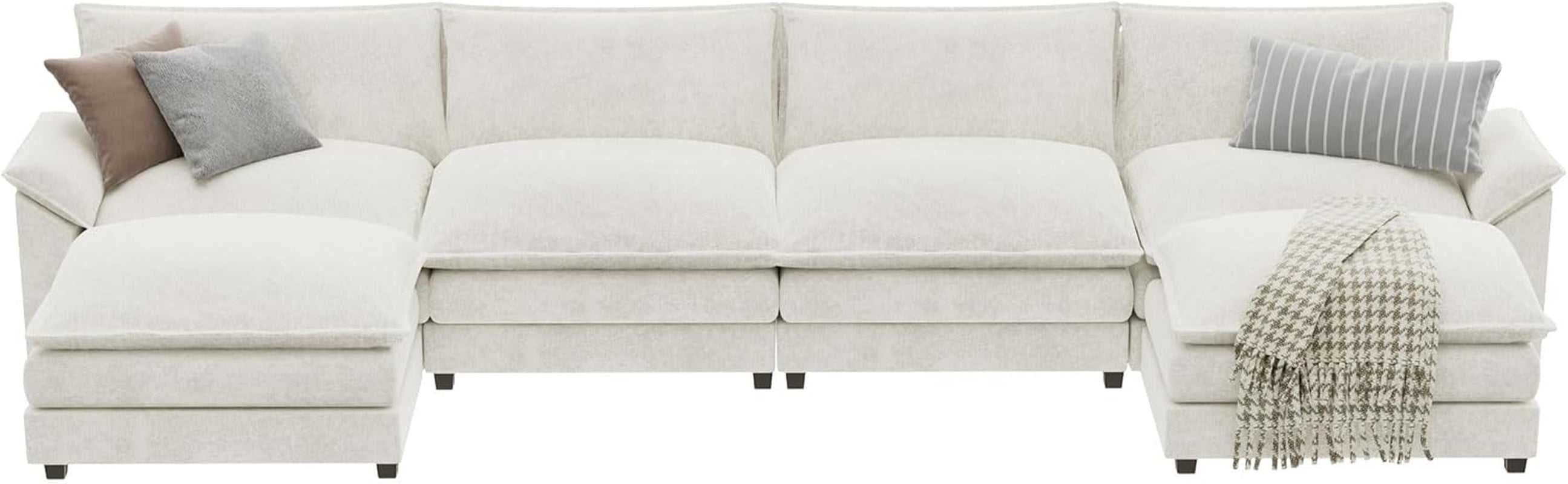 U Shaped Chenille Sectional Sofa Removable Ottoman White