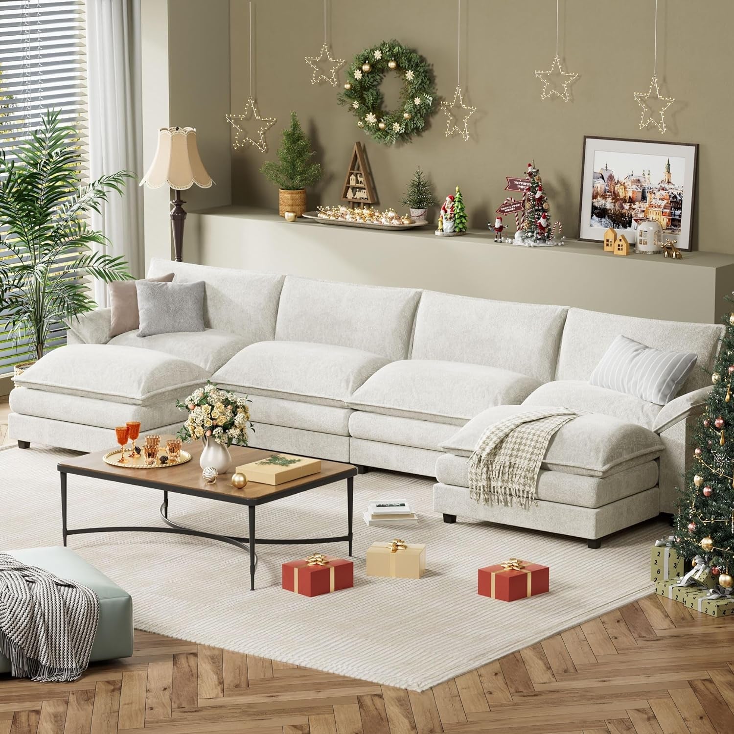 U Shaped Chenille Sectional Sofa Removable Ottoman White