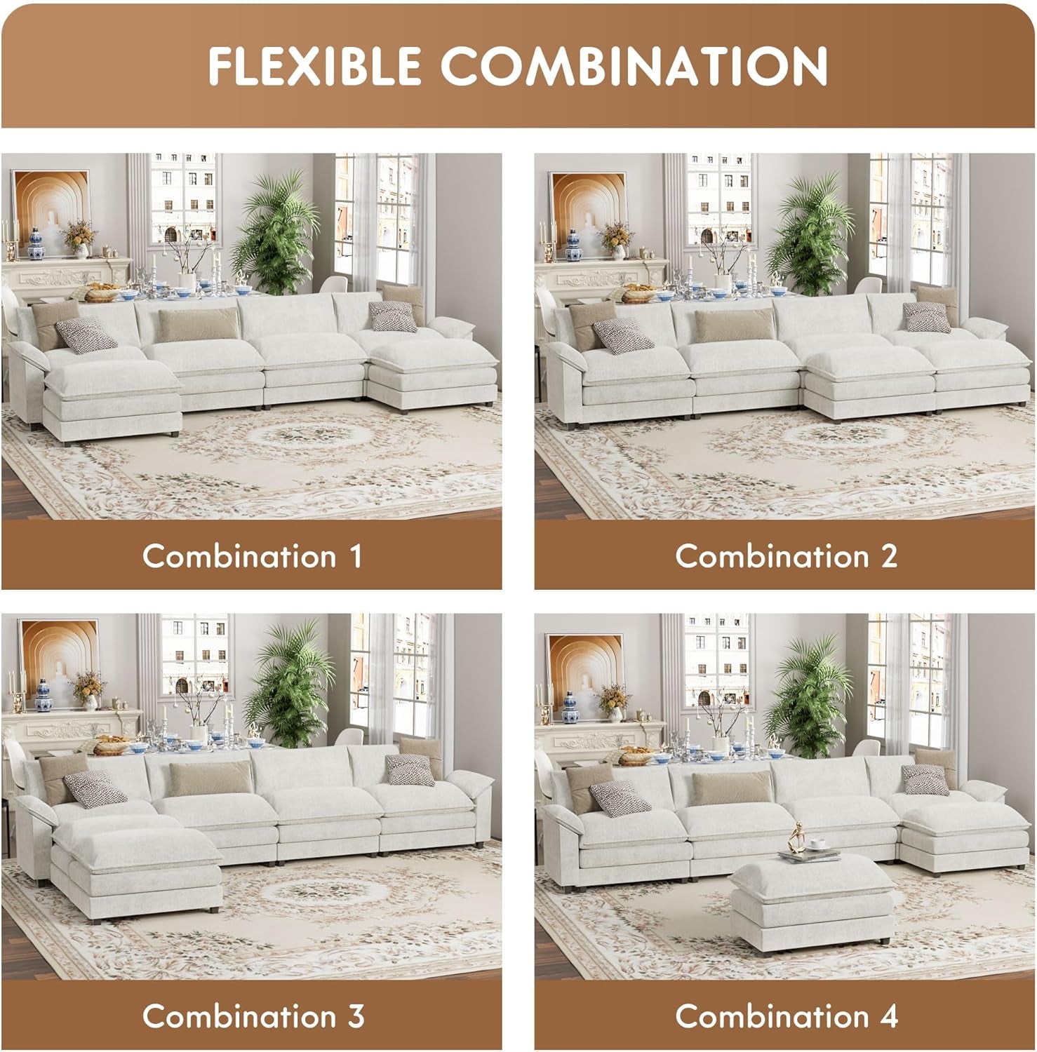 U Shaped Chenille Sectional Sofa Removable Ottoman White