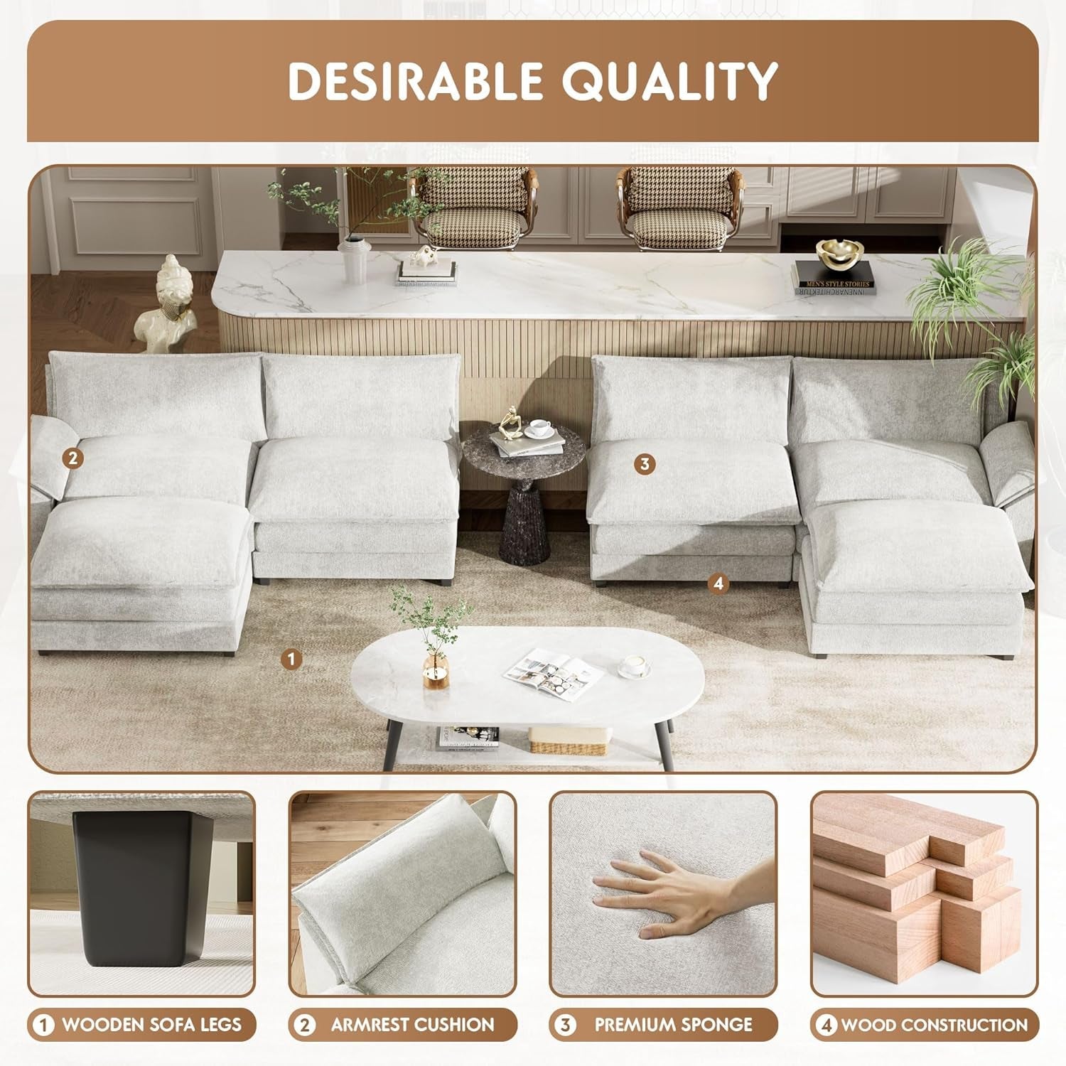 U Shaped Chenille Sectional Sofa Removable Ottoman White