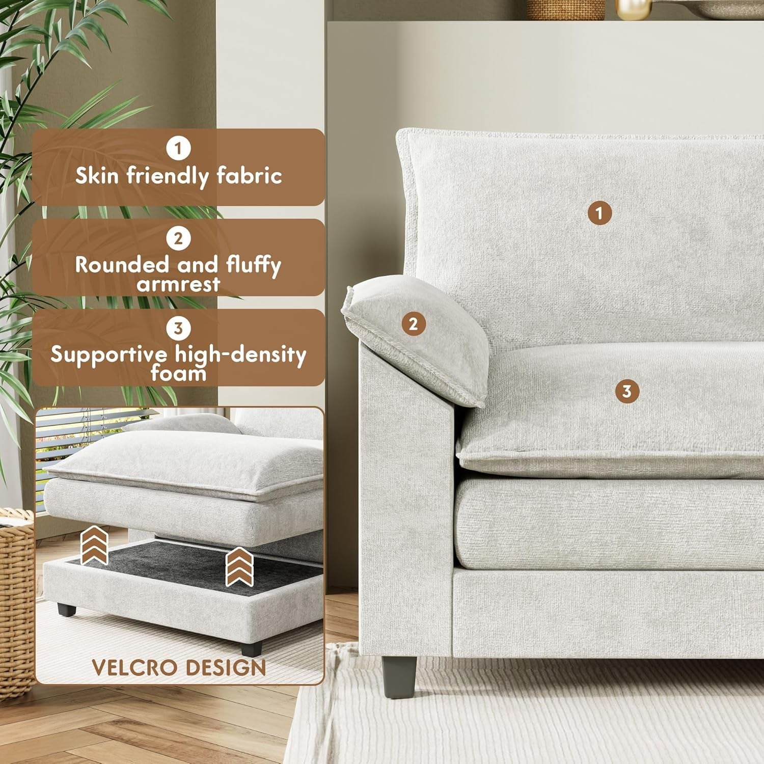 U Shaped Chenille Sectional Sofa Removable Ottoman White