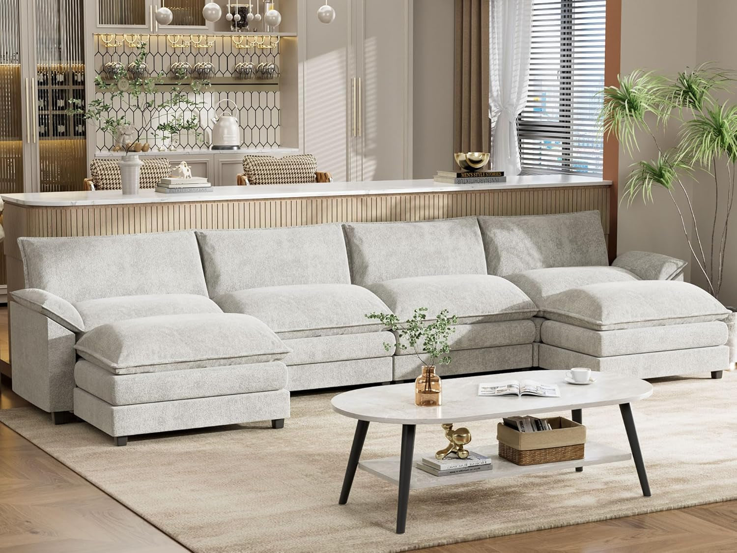 U Shaped Chenille Sectional Sofa Removable Ottoman White