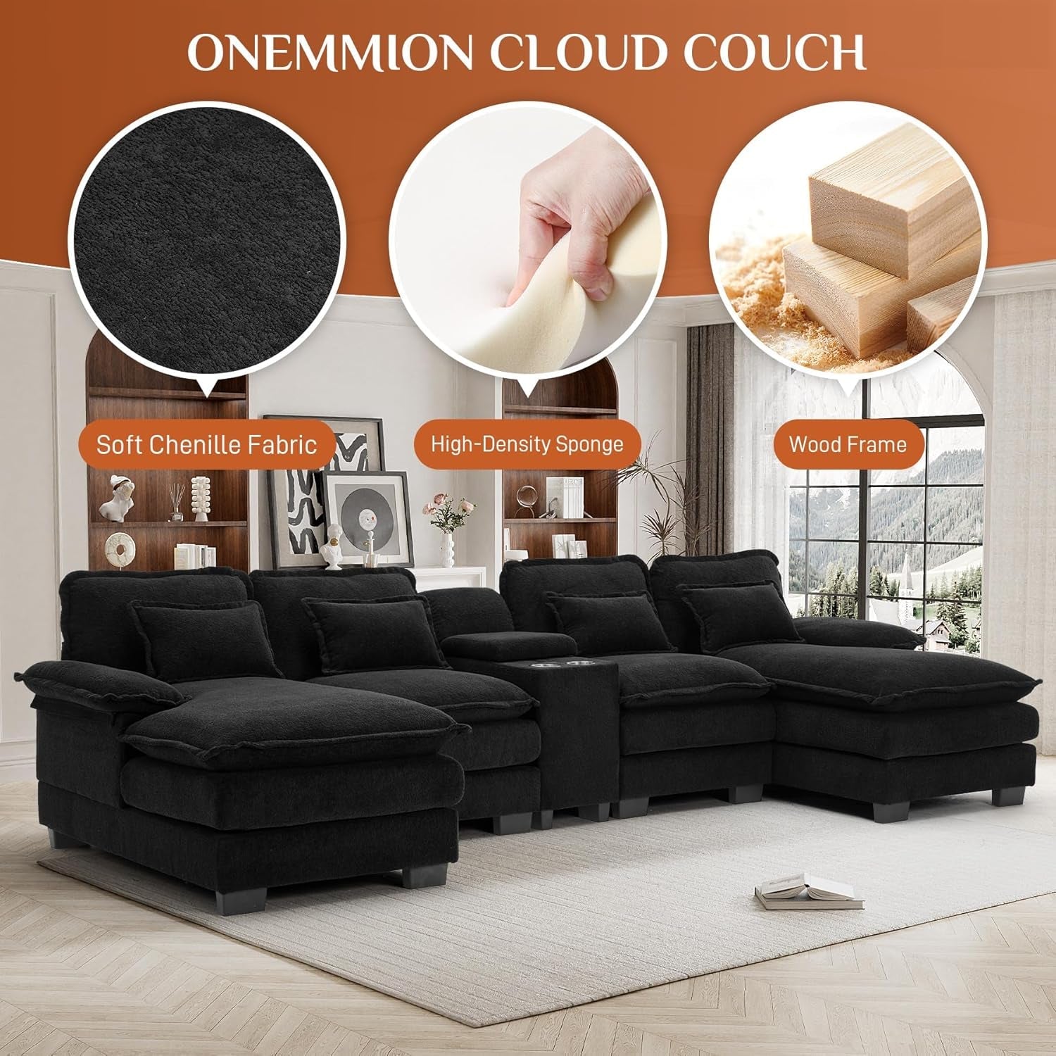 U Shaped Cloud Sectional Sofa with USB Charging Ports