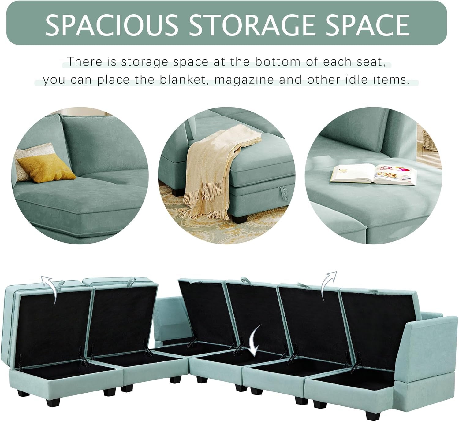 U Shaped Corner Sofa With Storage Seat Light Green