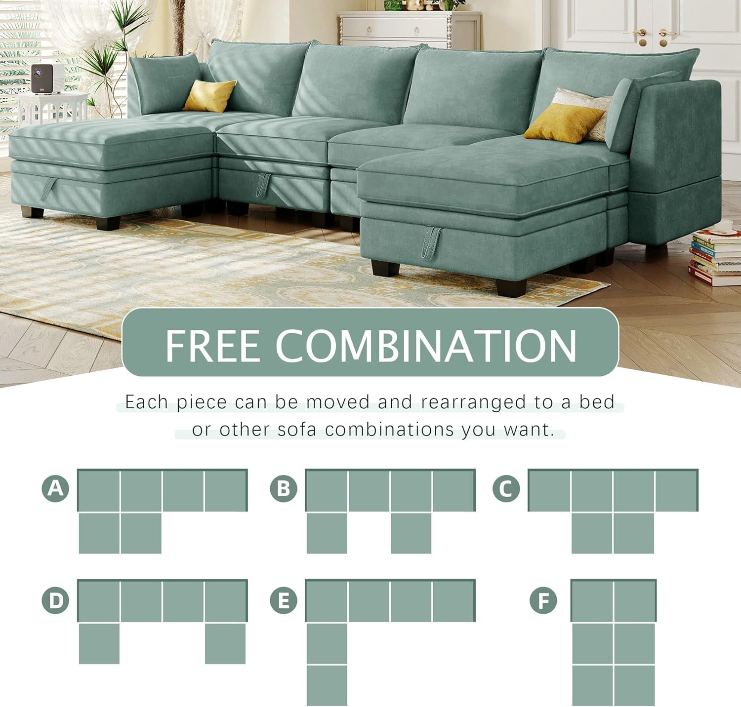 U Shaped Corner Sofa With Storage Seat Light Green
