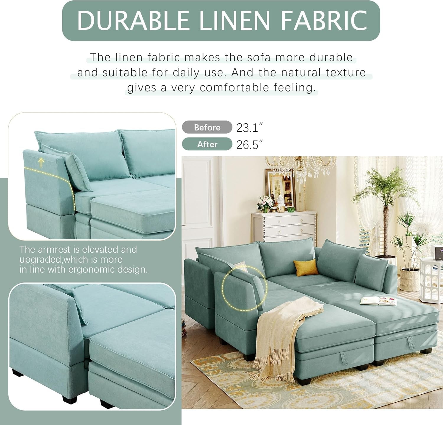 U Shaped Corner Sofa With Storage Seat Light Green