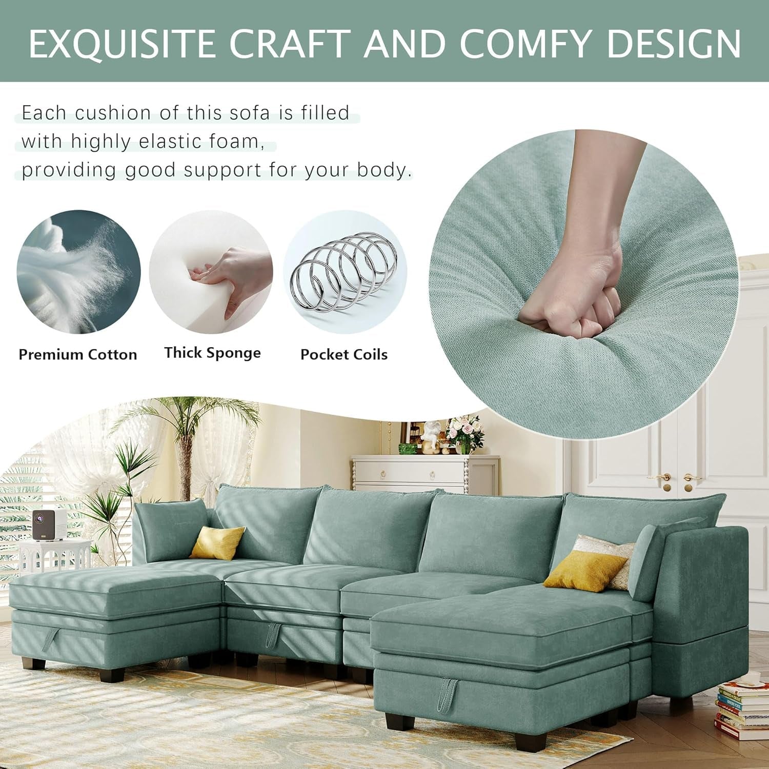 U Shaped Corner Sofa With Storage Seat Light Green
