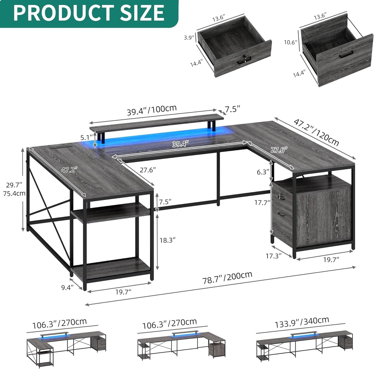 U Shaped Desk 79 Inch Power Outlets And Led Lights Grey