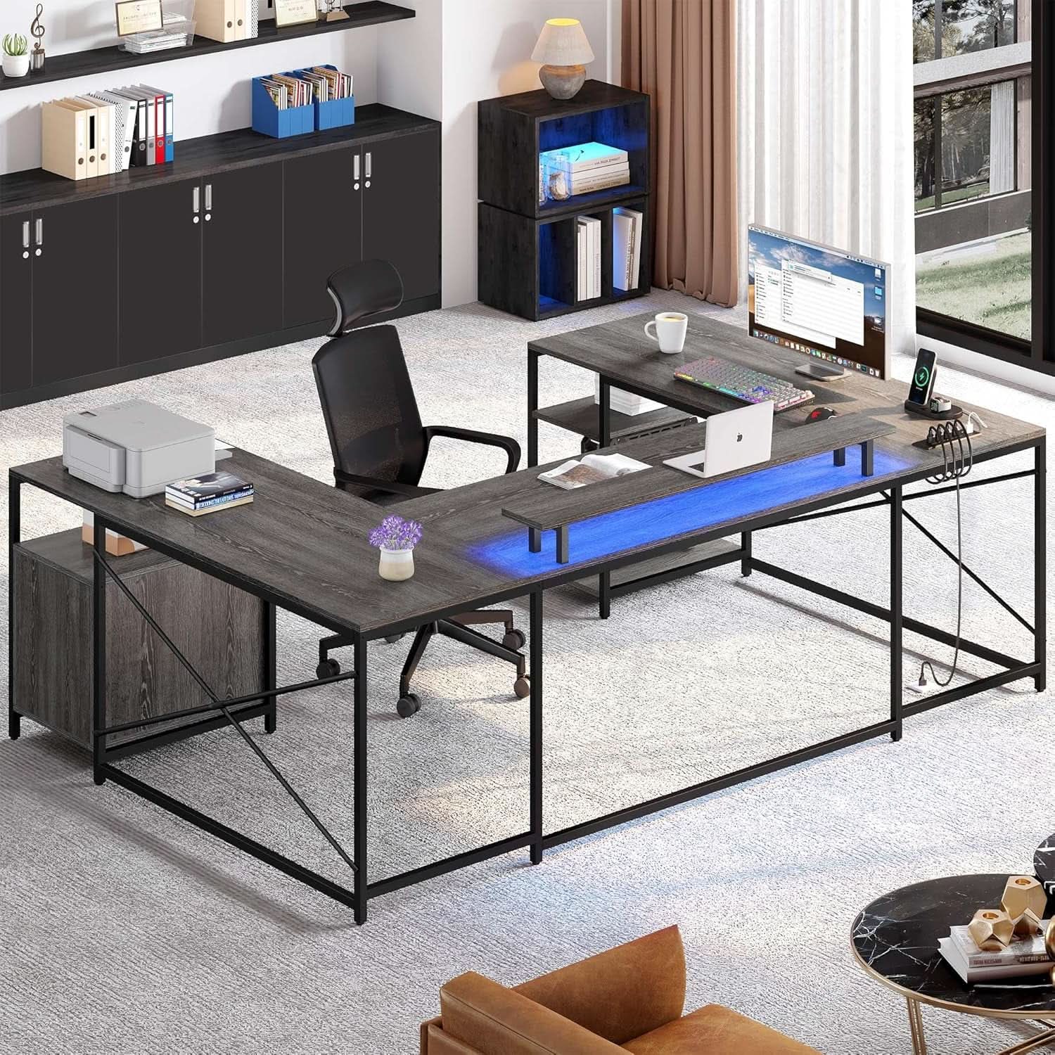 U Shaped Desk 79 Inch Power Outlets And Led Lights Grey