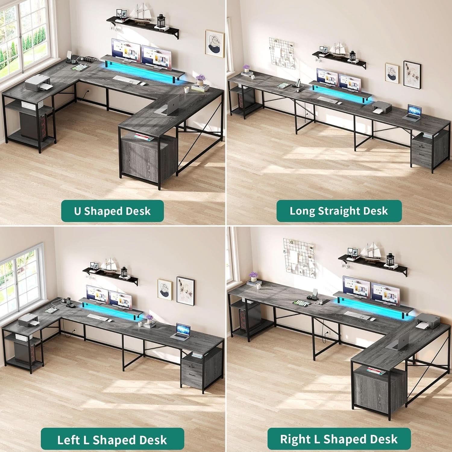 U Shaped Desk 79 Inch Power Outlets And Led Lights Grey