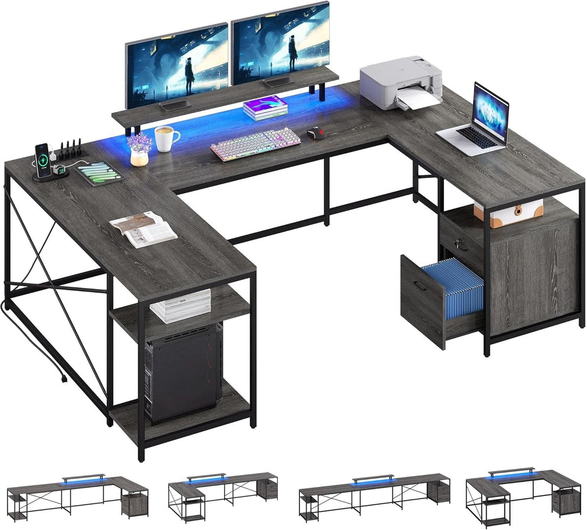 U Shaped Desk 79 Inch Power Outlets And Led Lights Grey