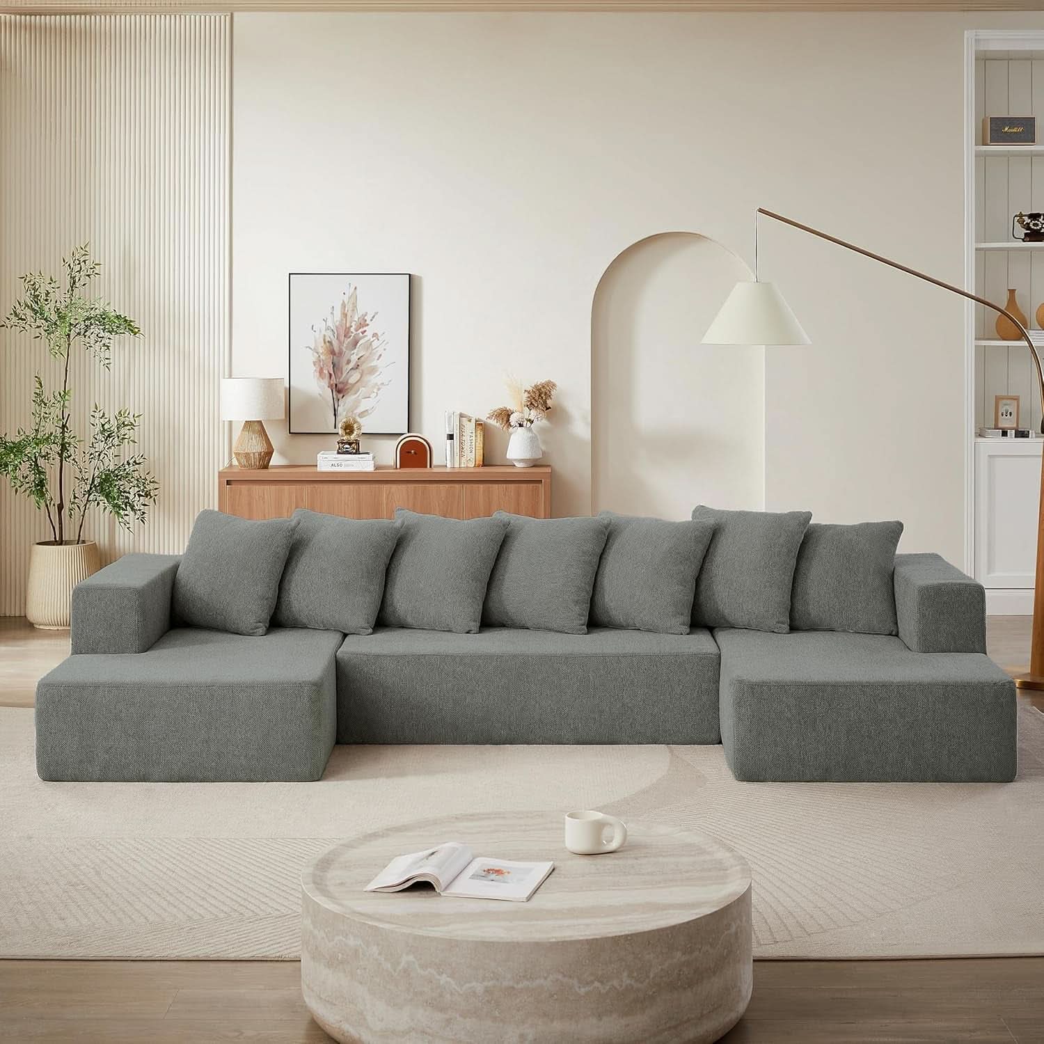 U Shaped Modular Sectional Sofa 6 Seater Grey Chenille