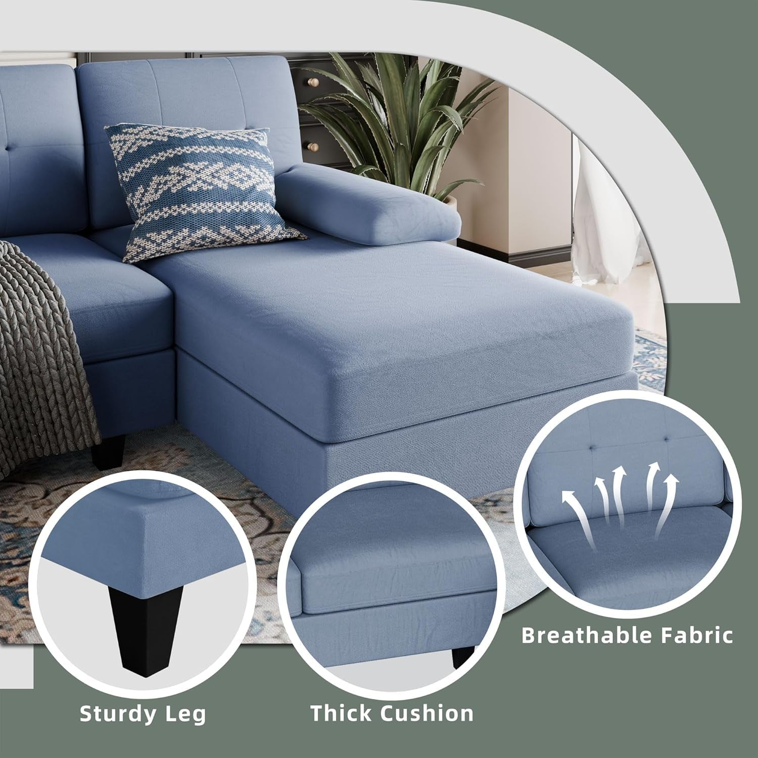 U Shaped Sectional Sofa Blue With High Density Cushions
