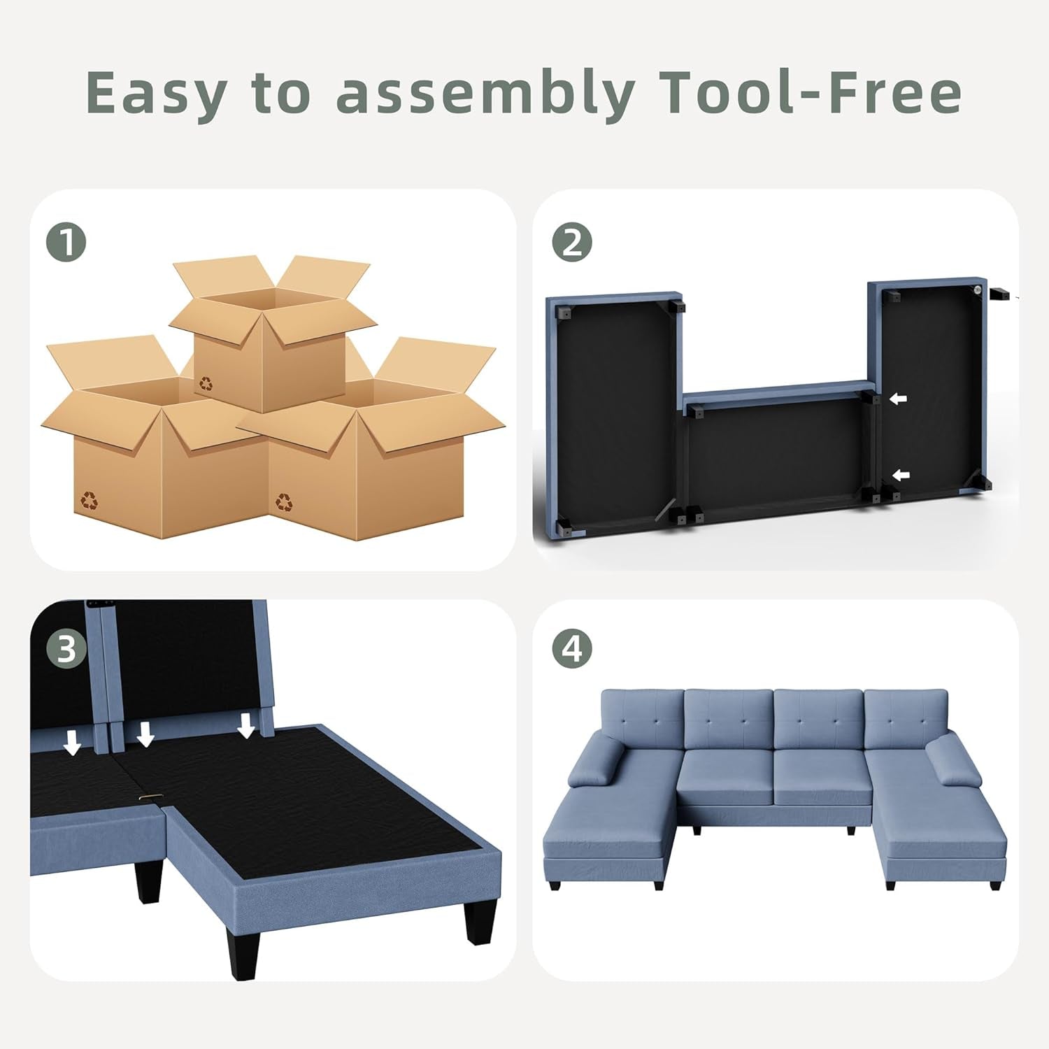 U Shaped Sectional Sofa Blue With High Density Cushions