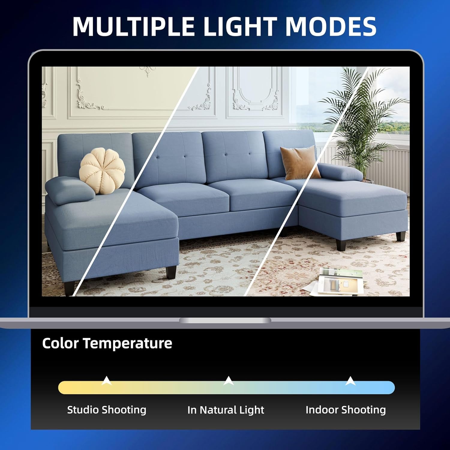 U Shaped Sectional Sofa Blue With High Density Cushions