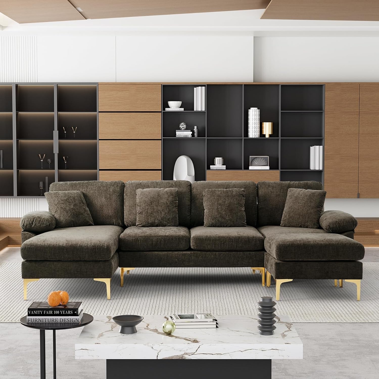 U-Shaped Sectional Sofa Couch 4-Seat Chenille Brown