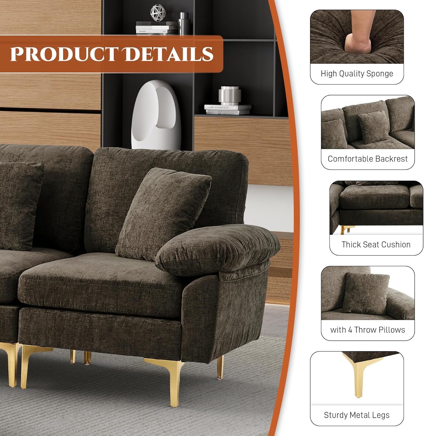 U-Shaped Sectional Sofa Couch 4-Seat Chenille Brown