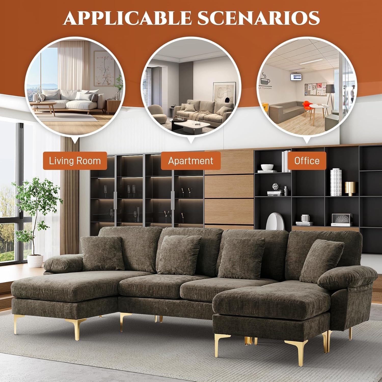 U-Shaped Sectional Sofa Couch 4-Seat Chenille Brown