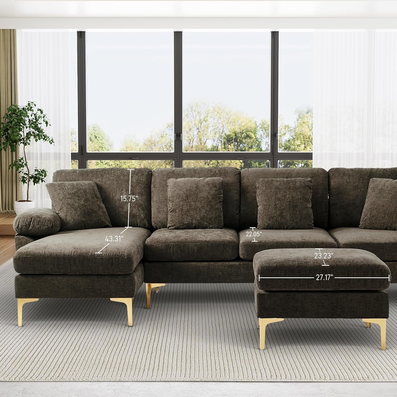 U-Shaped Sectional Sofa Couch 4-Seat Chenille Brown