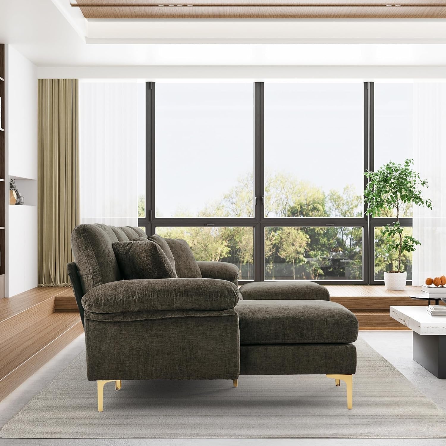 U-Shaped Sectional Sofa Couch 4-Seat Chenille Brown