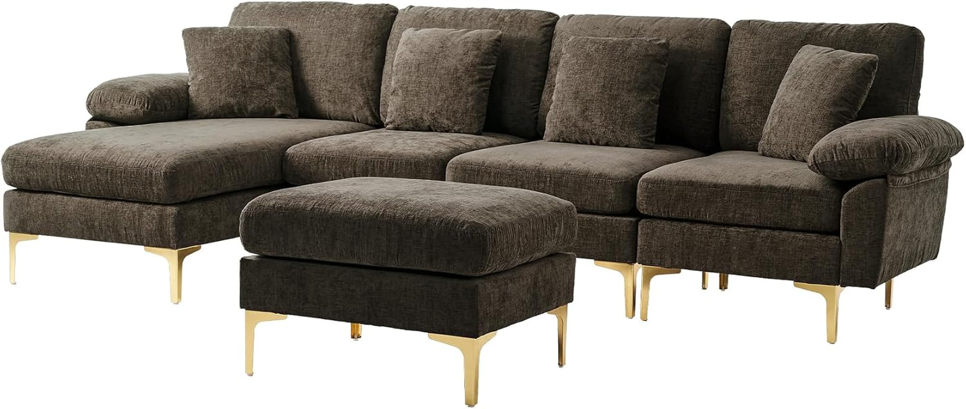 U-Shaped Sectional Sofa Couch 4-Seat Chenille Brown
