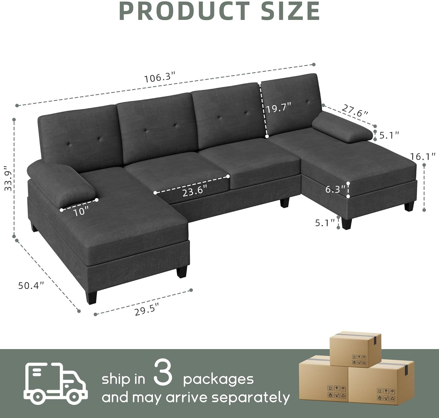 U Shaped Sectional Sofa Double Chaise 4 Seat Linen