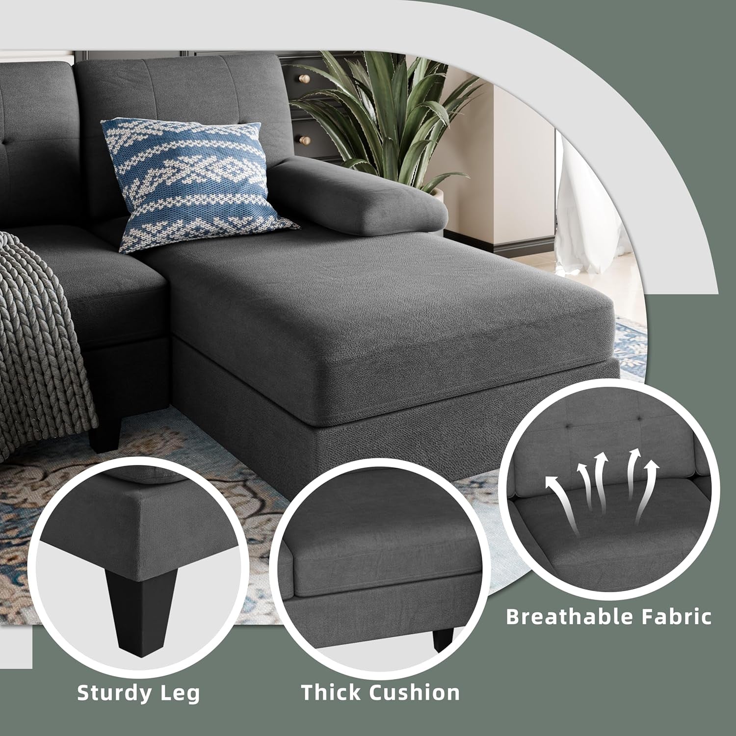 U Shaped Sectional Sofa Double Chaise 4 Seat Linen
