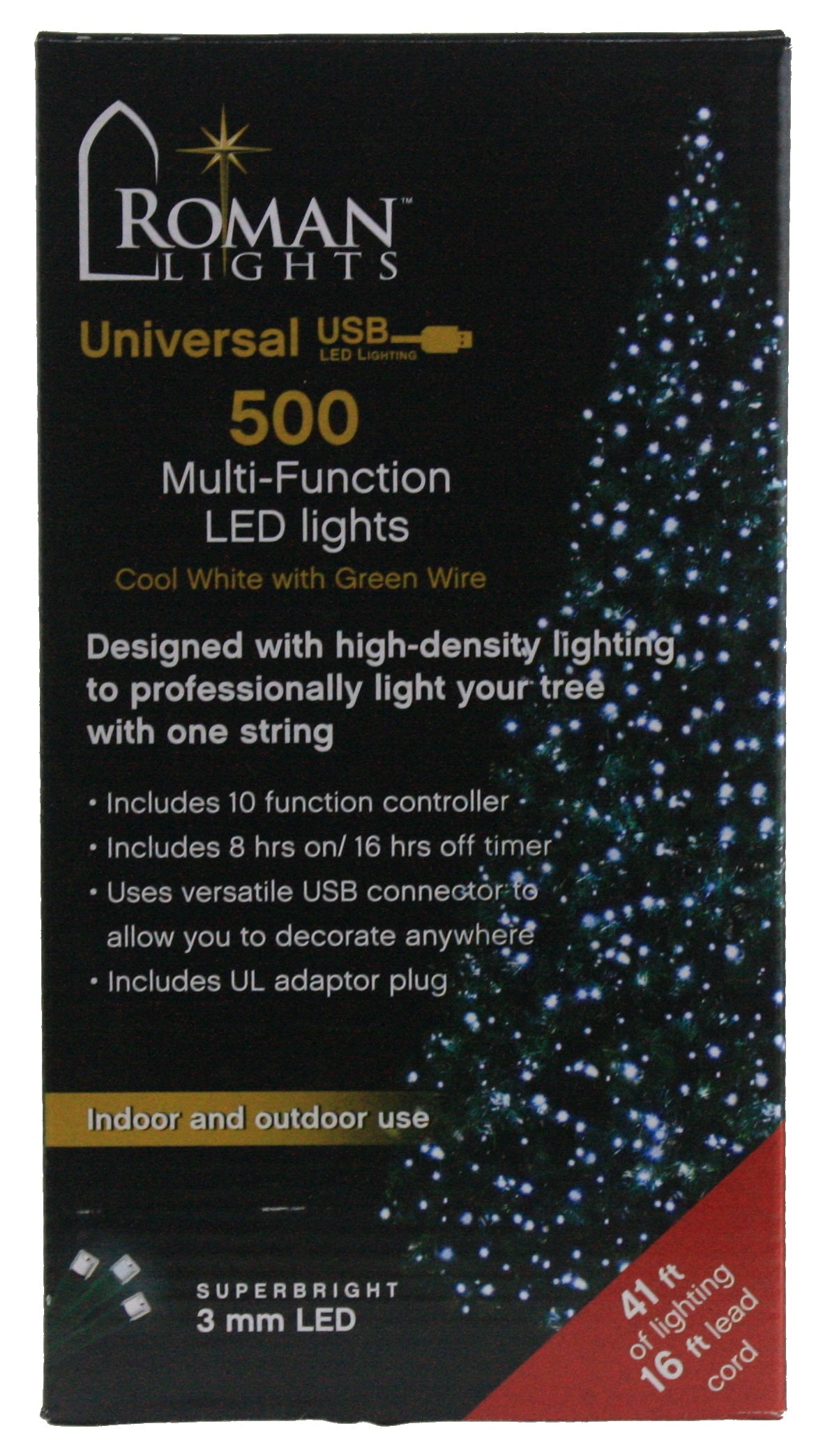 USB powered 500 Superbright LED (41 foot) Green Wire Multifunction Lights with Timer - Cool White