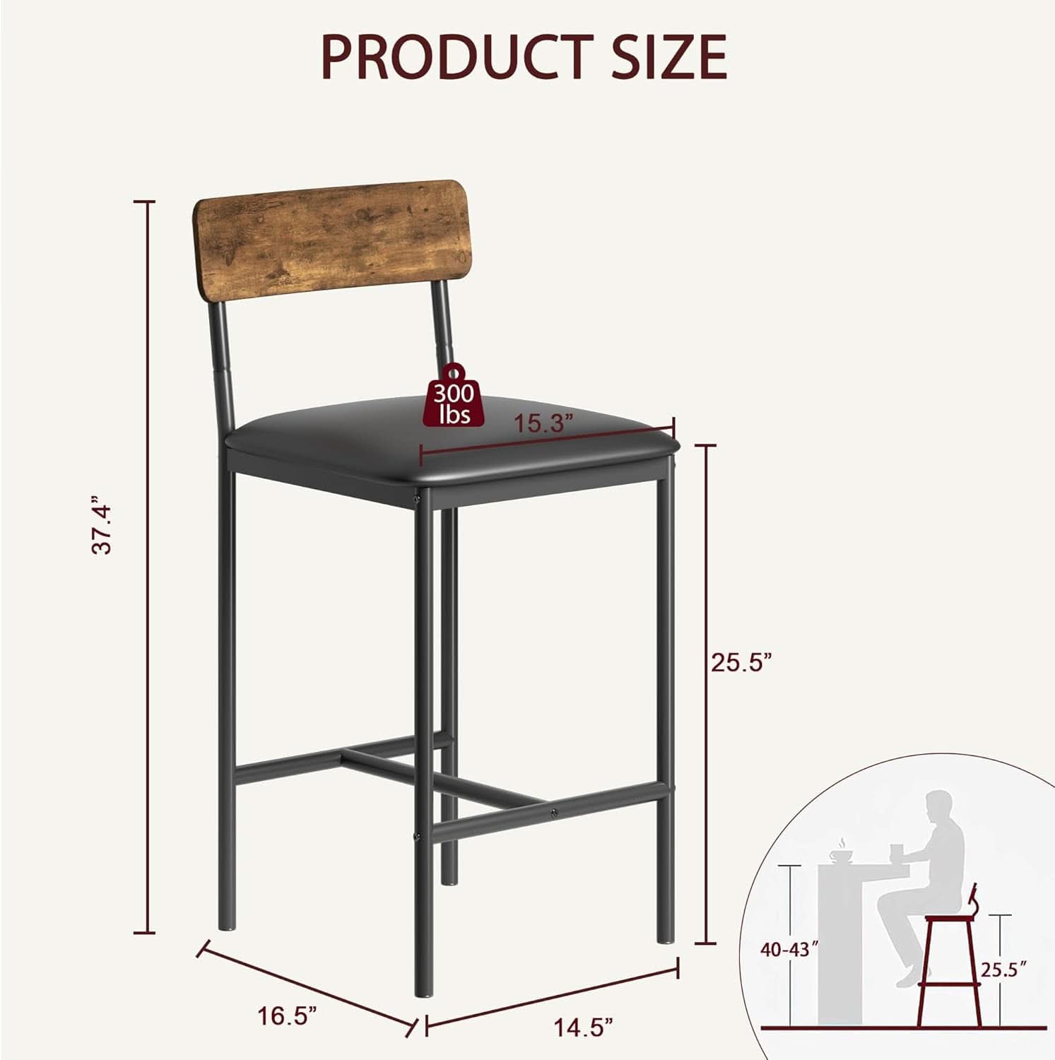 Upholstered Bar Stools Set of Two with Backrest