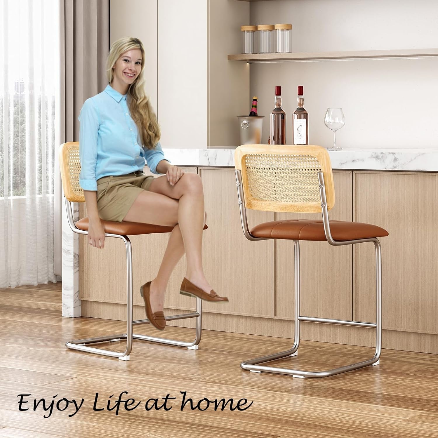 Upholstered PU Leather Bar Stools Set of Two