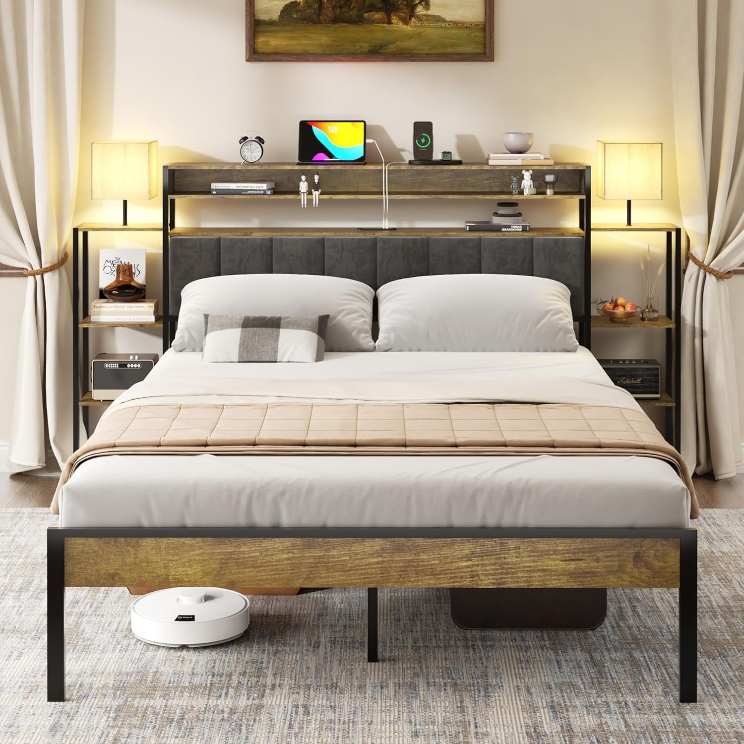 Upholstered Queen Bed Frame With Storage And Charging