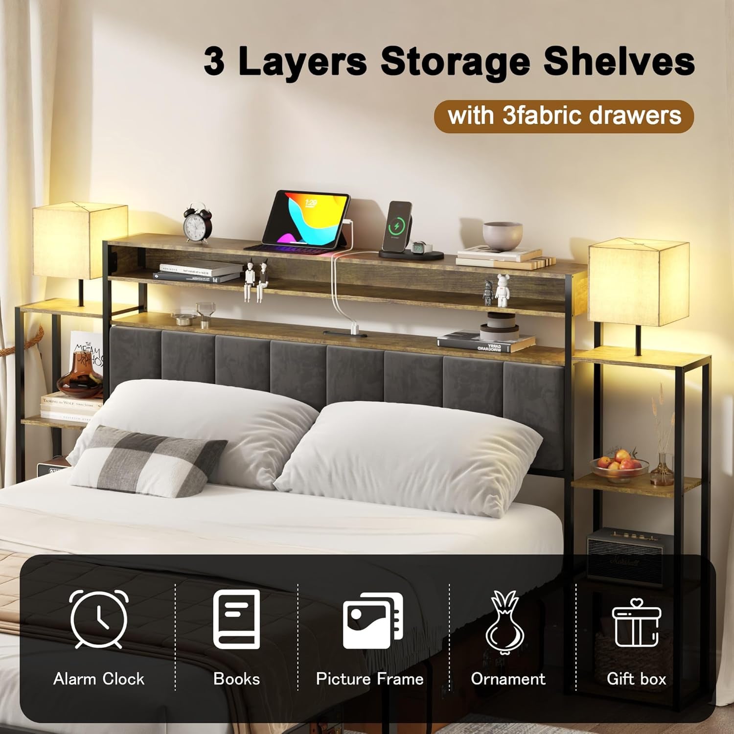 Upholstered Queen Bed Frame With Storage And Charging