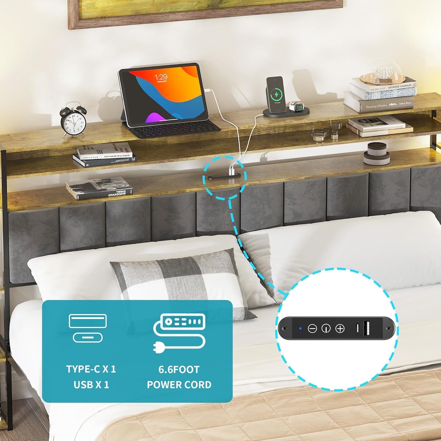 Upholstered Queen Bed Frame With Storage And Charging