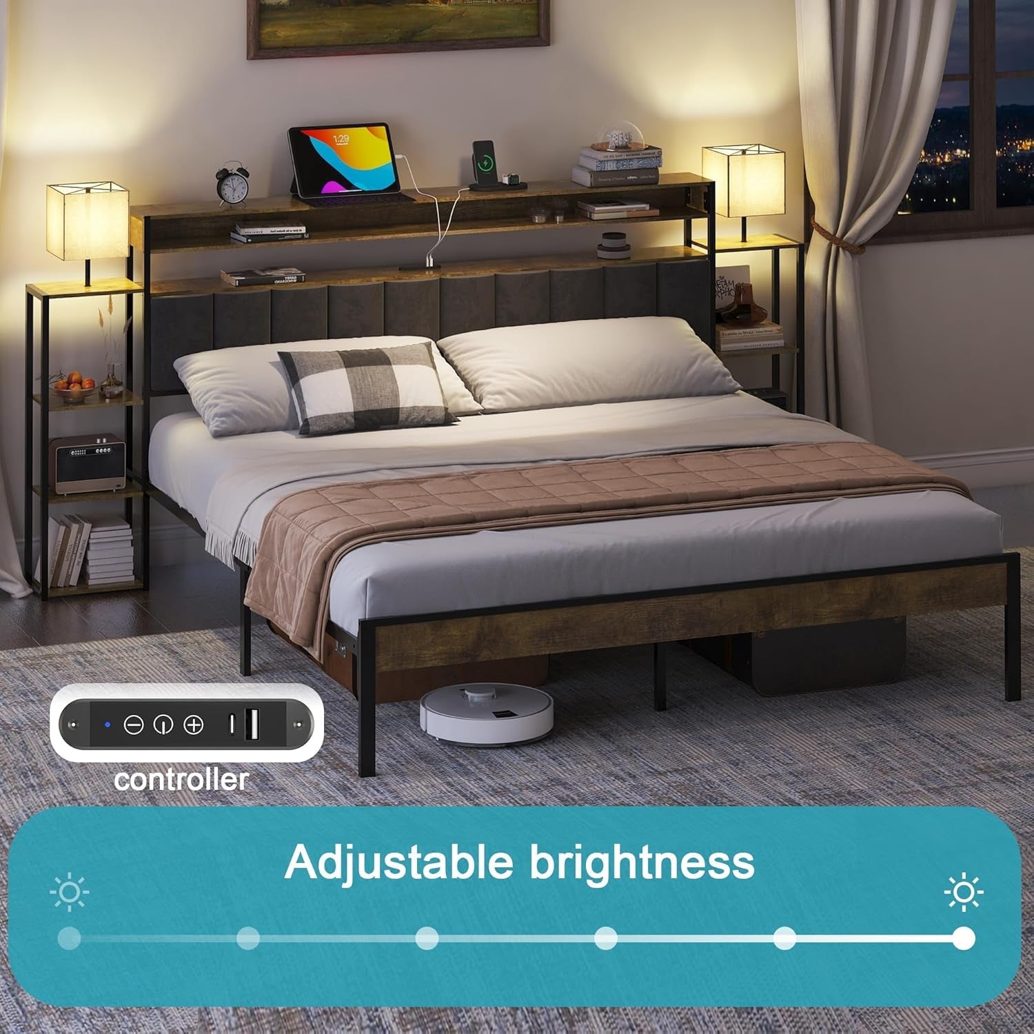 Upholstered Queen Bed Frame With Storage And Charging