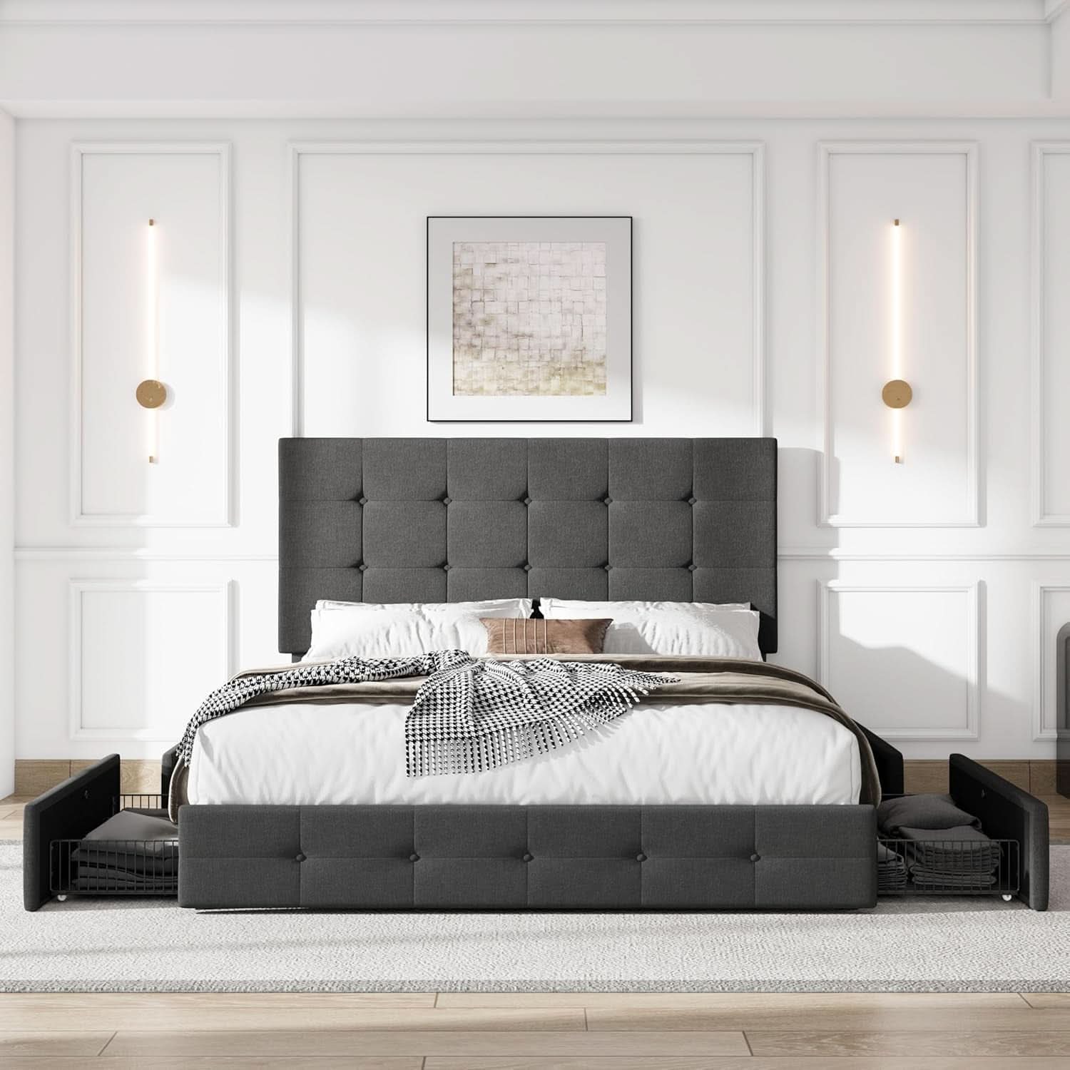 Upholstered Queen Platform Bed Frame With 4 Storage Drawers