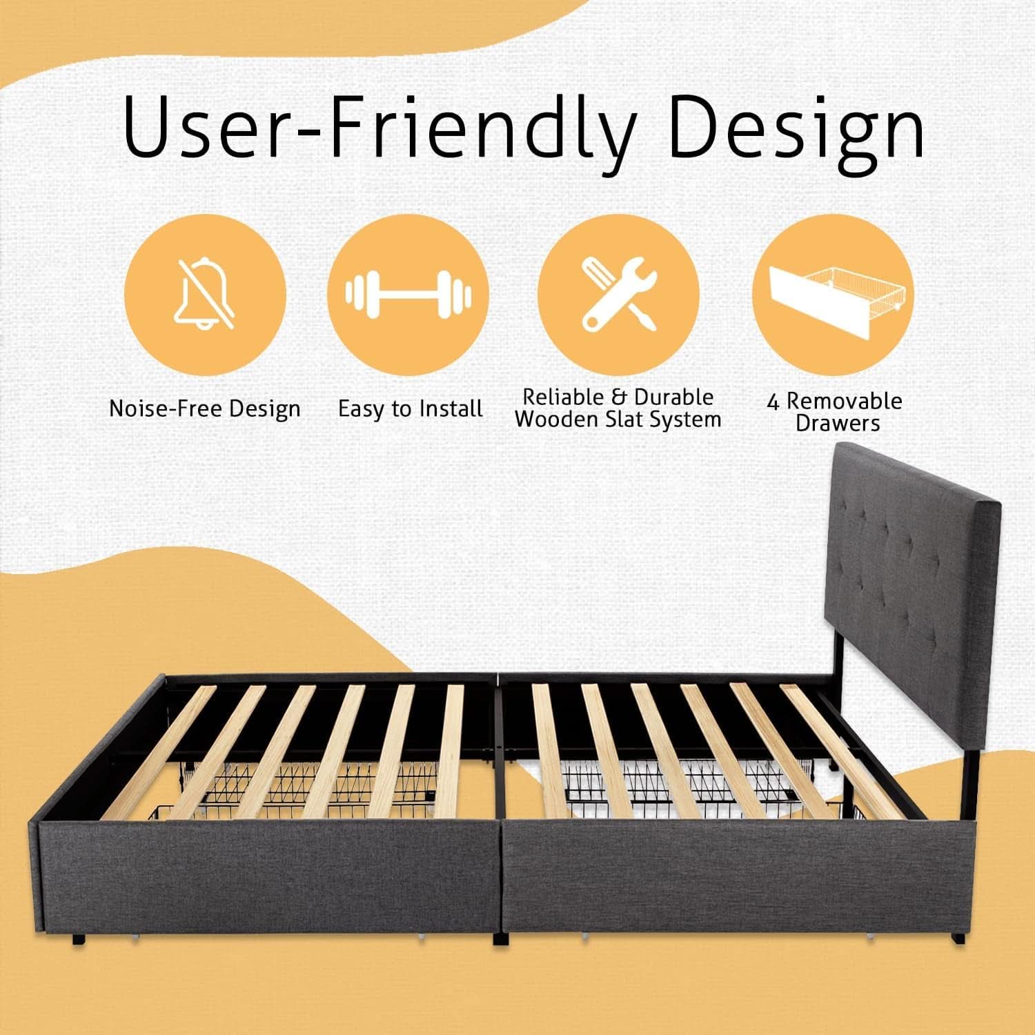 Upholstered Queen Platform Bed Frame With 4 Storage Drawers